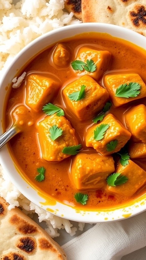 A bowl of chicken curry with cilantro, served with rice and naan.